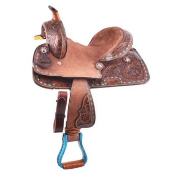 Double T Pony Hard Seat Barrel Saddle with Turquoise Buckstitch - 10 Inch