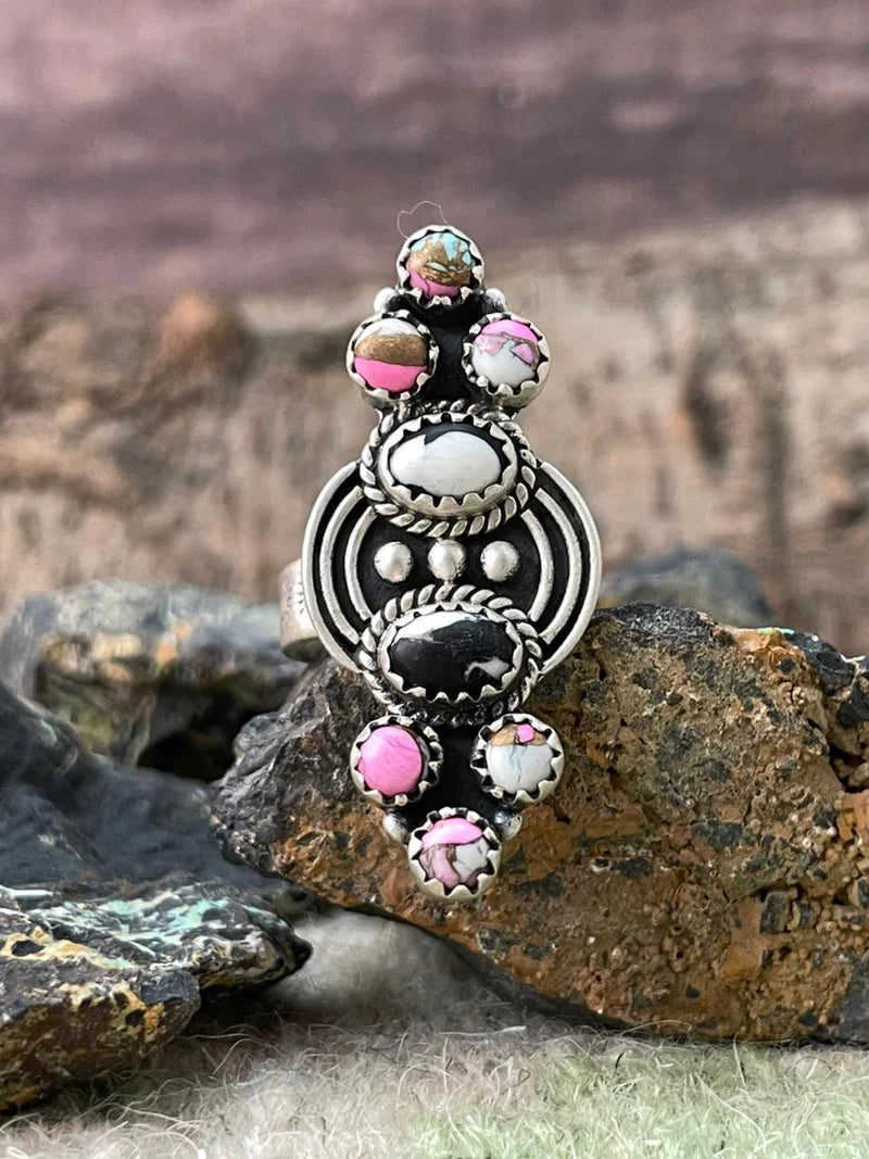 Handmade Sterling Silver White Buffalo with Cotton Candy Adjustable Ring