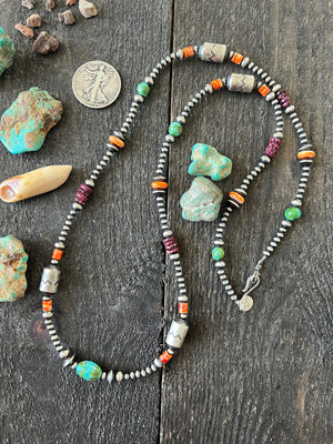 Handcrafted Electric Rainbow Sterling Silver, Turquoise and Spiny Oyster Single Strand Beaded Necklace by Rose Martin