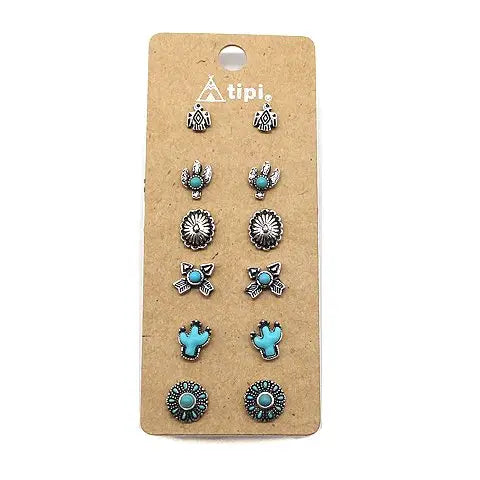 6 Pair western Style post earrings w/cactus