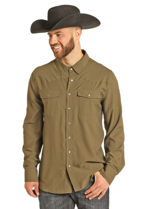 Men's Olive Tek Ripstop Long Sleeve Double Pocket Snap Shirt