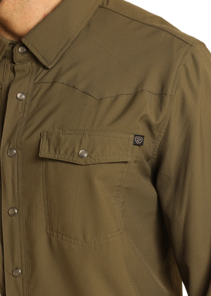 Men's Olive Tek Ripstop Long Sleeve Double Pocket Snap Shirt