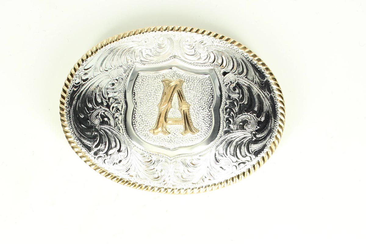 Oval Brass Edge W/floral Initial Buckle