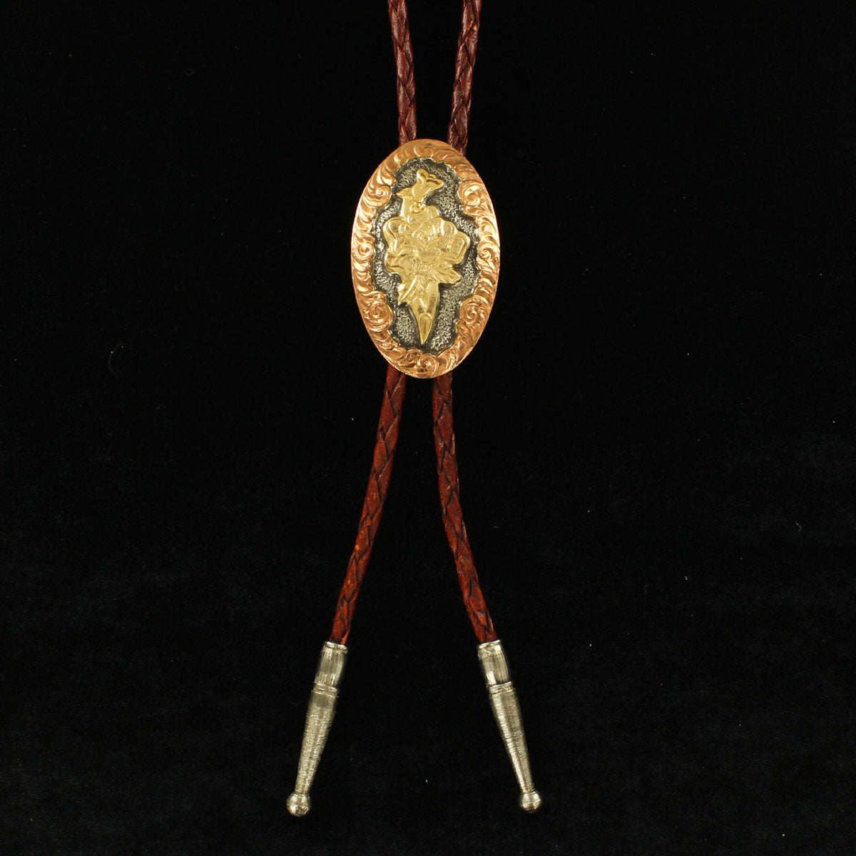 Oval Copper, Gold & Silver Bolo w/Brown Strap
