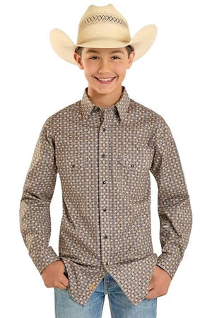 Boys Brown Geo Printed Snap Long Sleeve