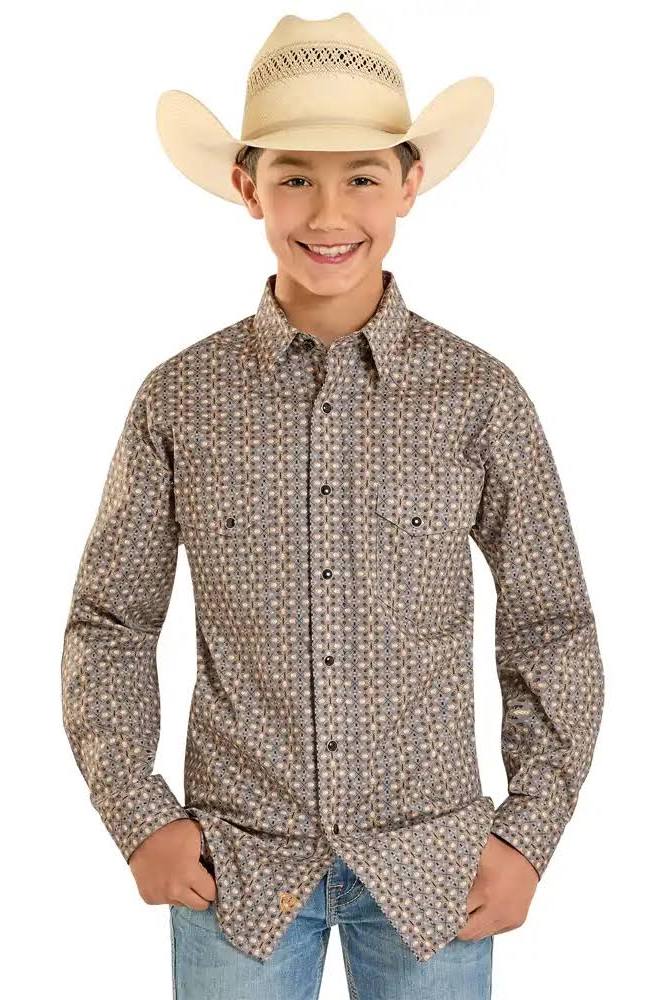 Boys Brown Geo Printed Snap Long Sleeve