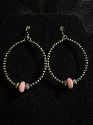 Sterling Silver Pearls Hoops with Pink Conch