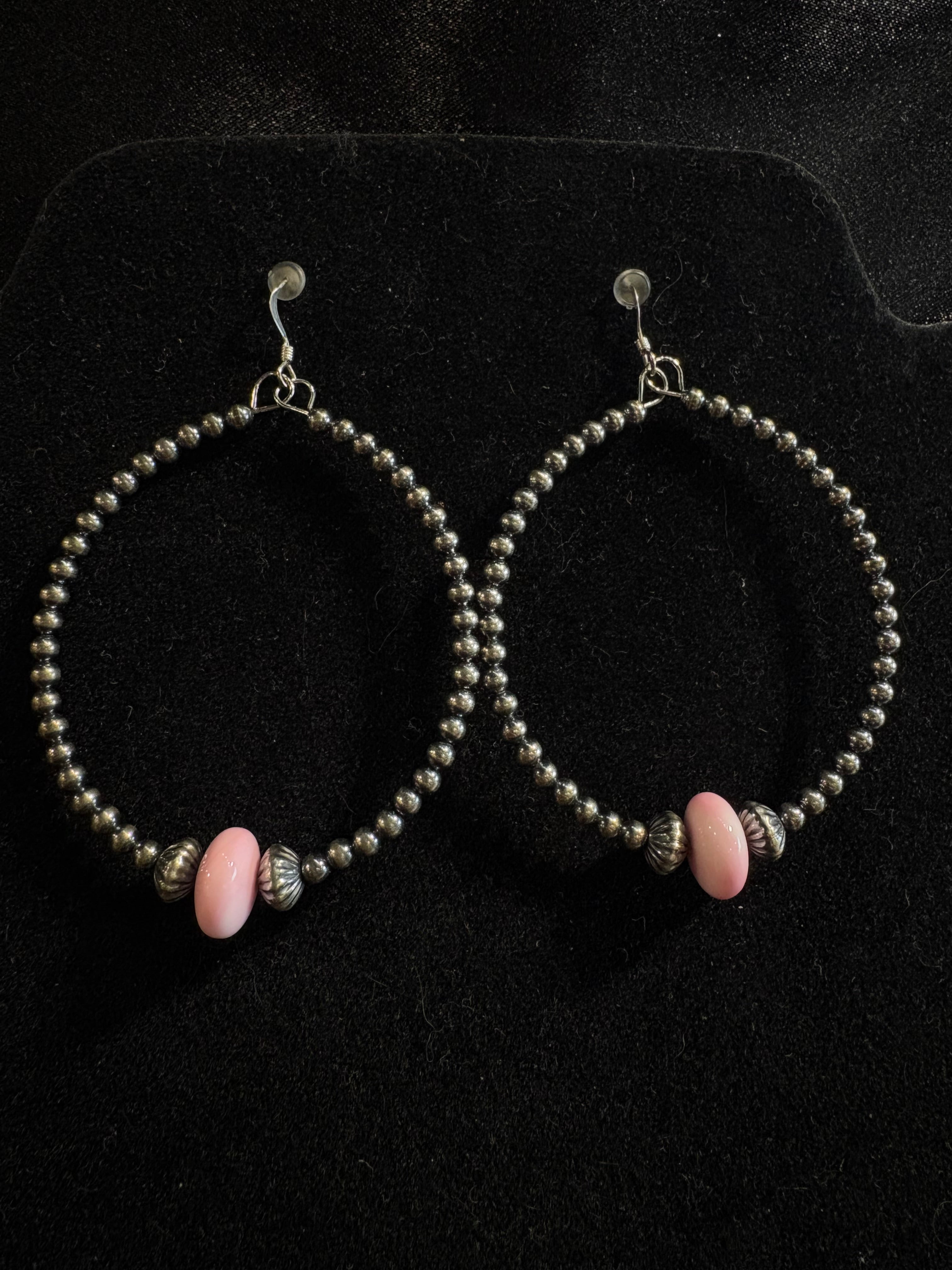 Sterling Silver Pearls Hoops with Pink Conch