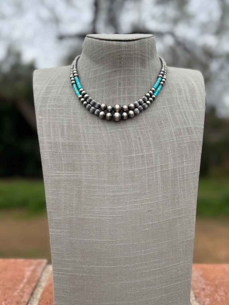 Handmade Rolled Kingman Turquoise and Sterling Silver 4-10mm Beaded Necklace 16