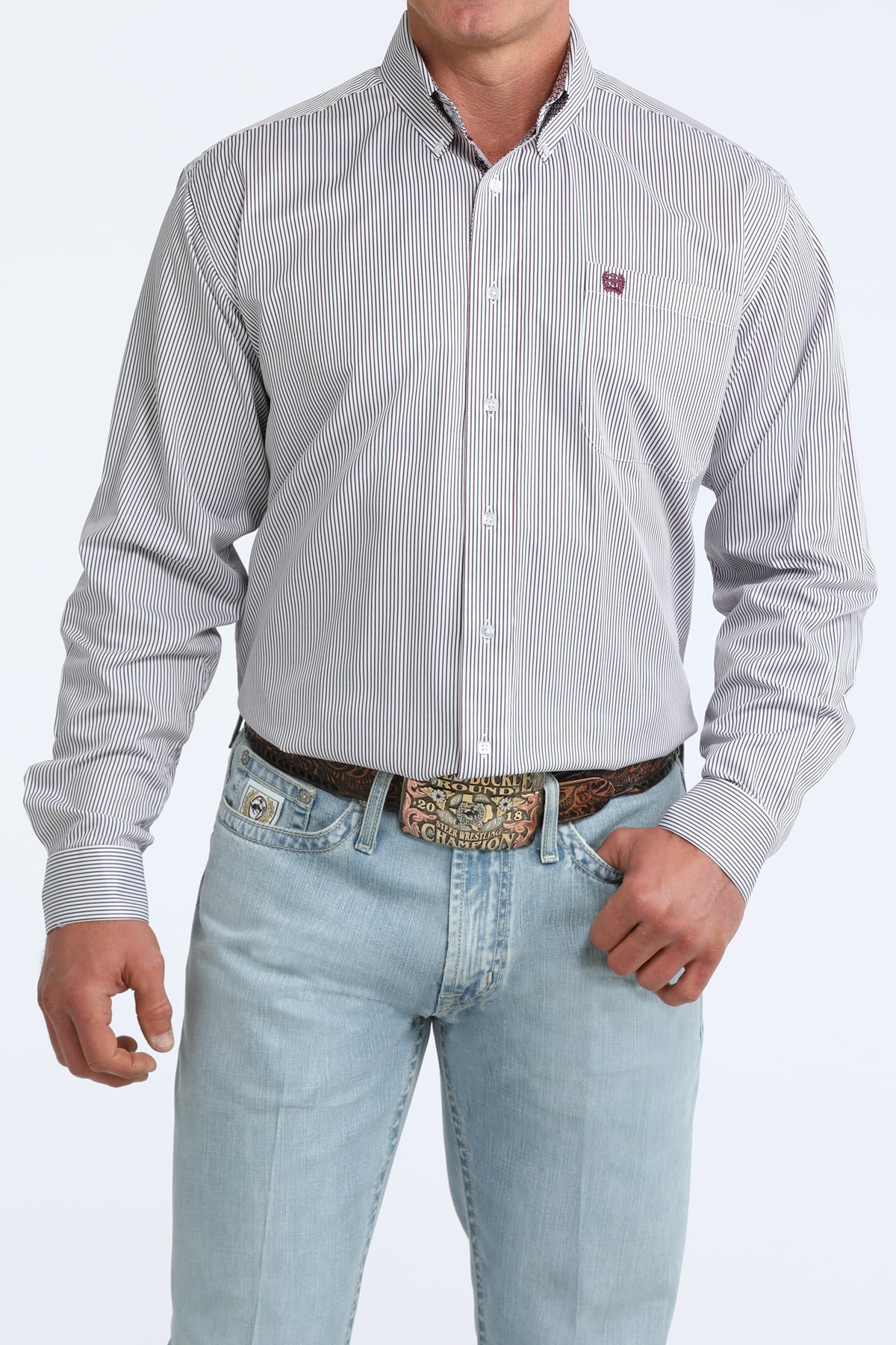Men's Cinch Long Sleeve White Striped Button Up