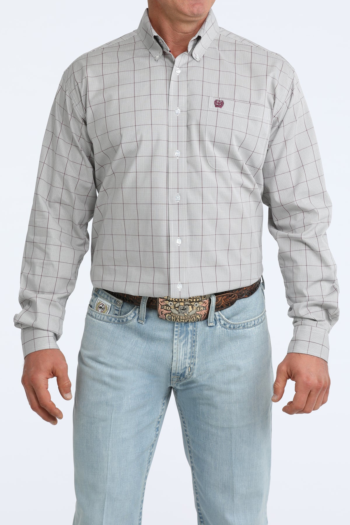 Men's Cinch Long Sleeve Gray Plaid Button Up