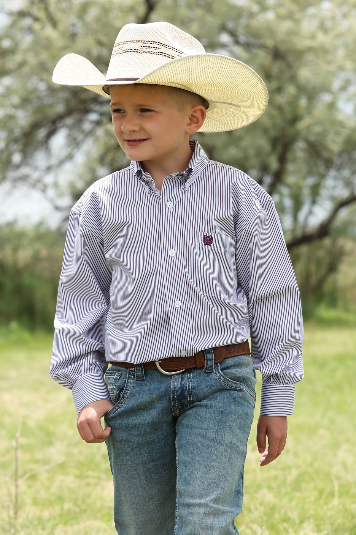 Boys Cinch Long Sleeve White Striped Button up