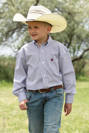 Boys Cinch Long Sleeve White Striped Button up