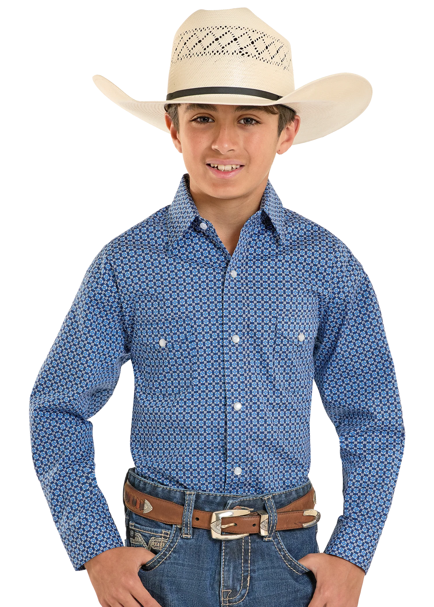 Boys Long Sleeve 2 Pocket Blue Snap Shirt
