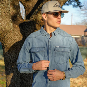San Jac Men's Long Sleeve Denim Pearl Snap Shirt- Dark Wash