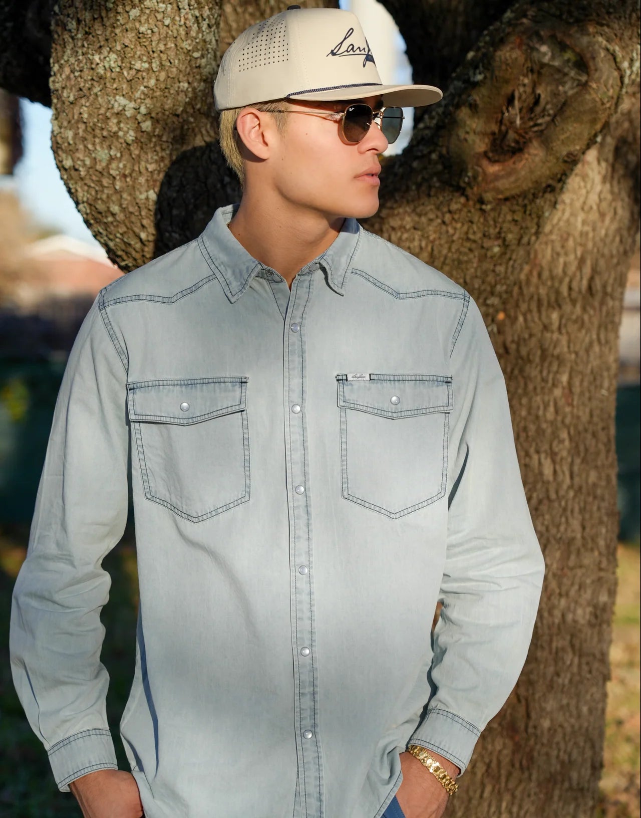 San Jac Men's Long Sleeve Denim Pearl Snap Shirt- Light Wash