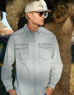 San Jac Men's Long Sleeve Denim Pearl Snap Shirt- Light Wash