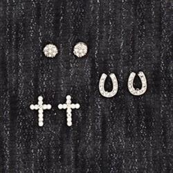 3pc Crystal Cross, Horseshoe, round Studs
