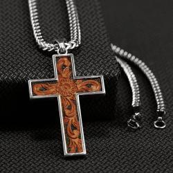 Twister Men's Leather Floral Design Cross Necklace