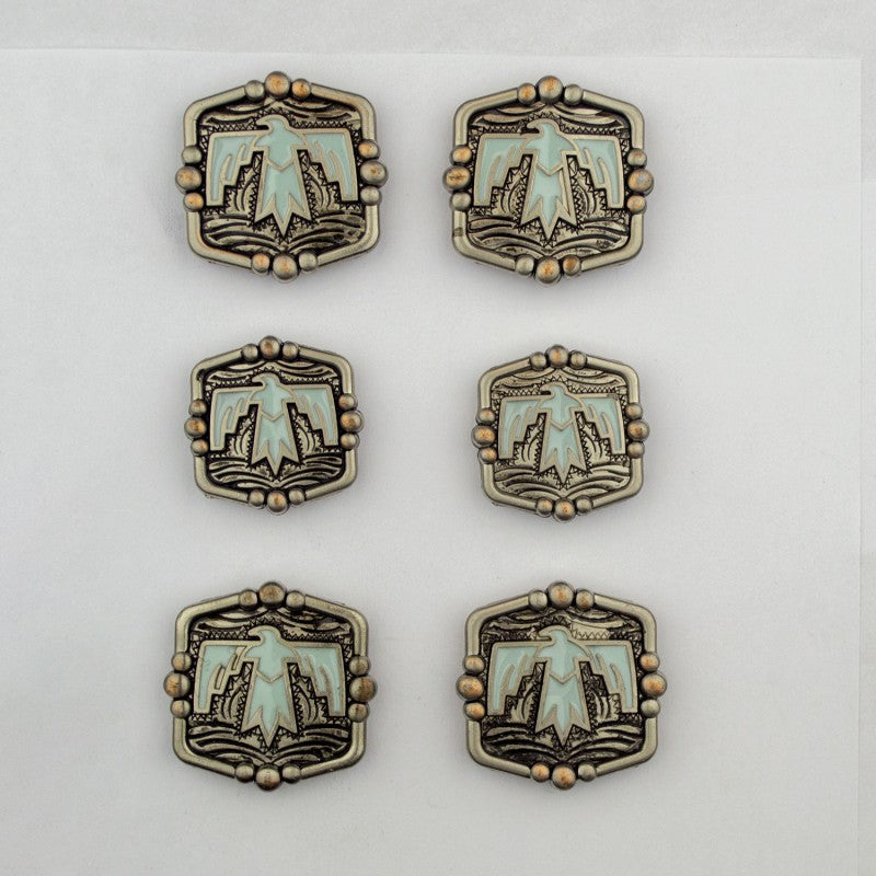 Square Turquoise Thunderbird Saddle Pack Conchos