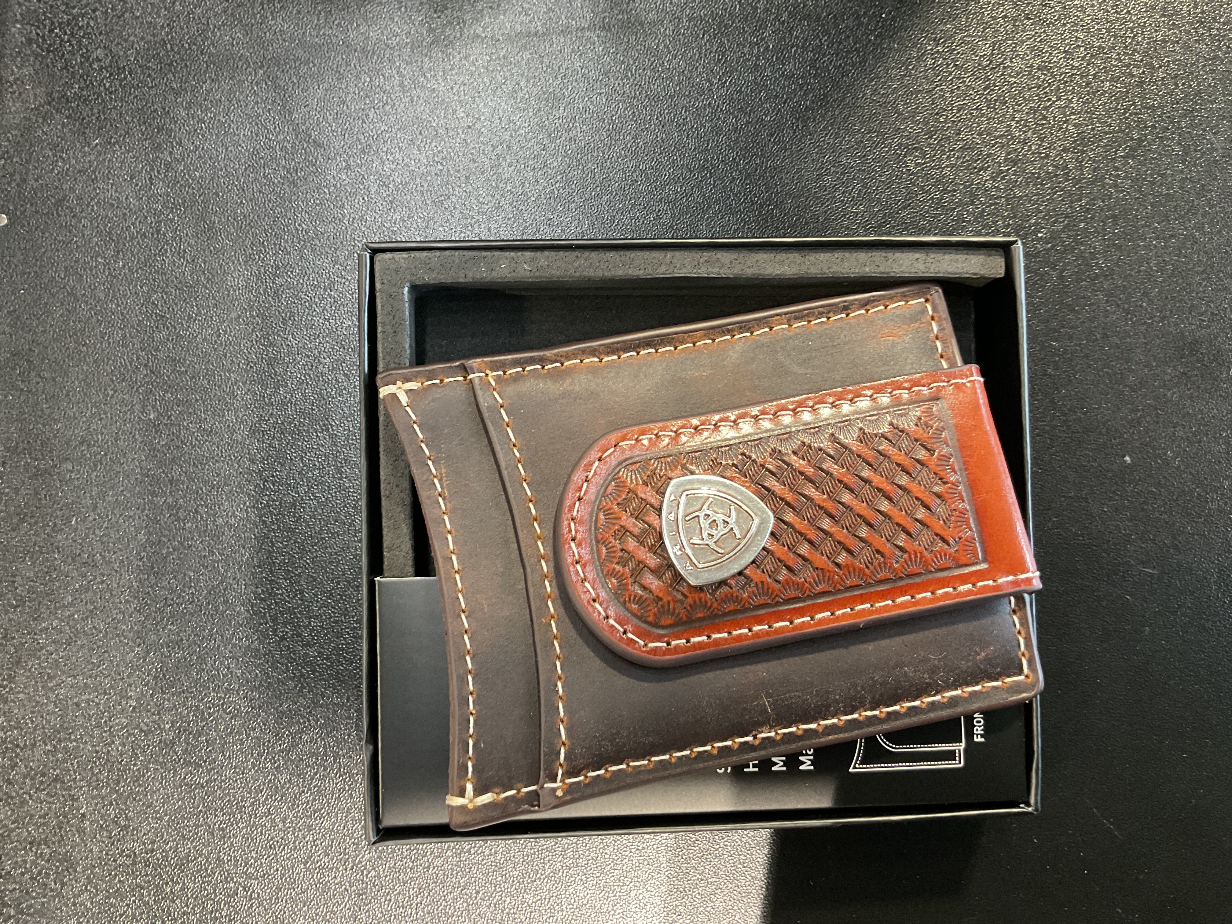 Money clip with Basket weave distressed leather