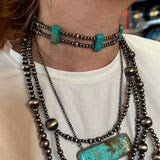 TURQUOISE Double Strand Necklace – 13” Beaded – Sterling Silver Pearls & Rectangle Variscite